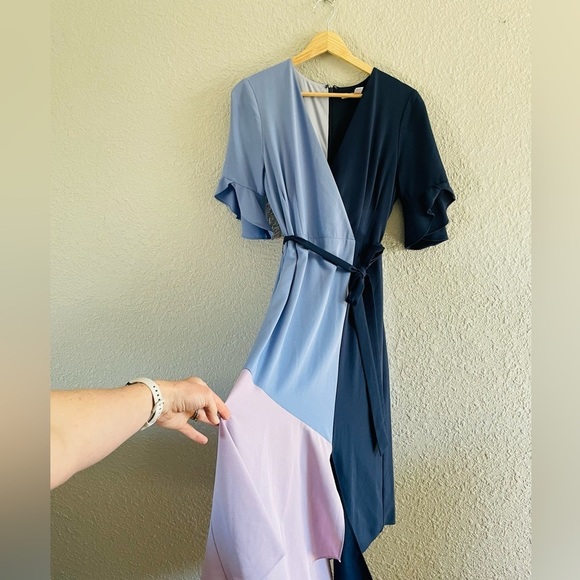 Hutch Asymmetrical Blue and Purple Wrap Midi Dress - Picture 4 of 14
